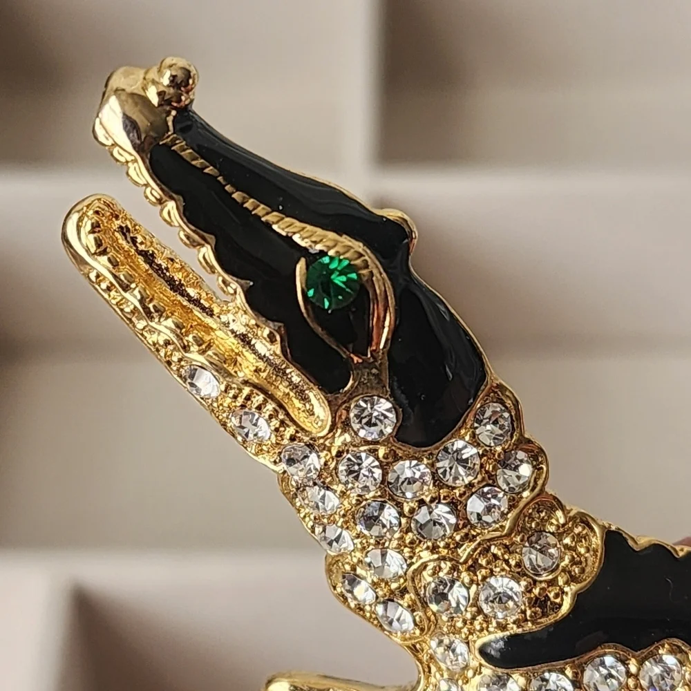 Large Statement Alligator Crocodile Austrian Crystal and Enamel Brooch Pin